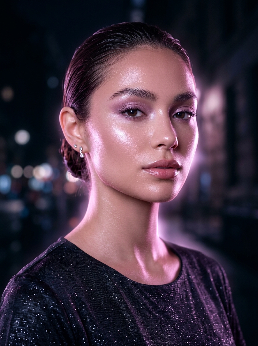 Dewy luminous skincare model with glass skin radiance